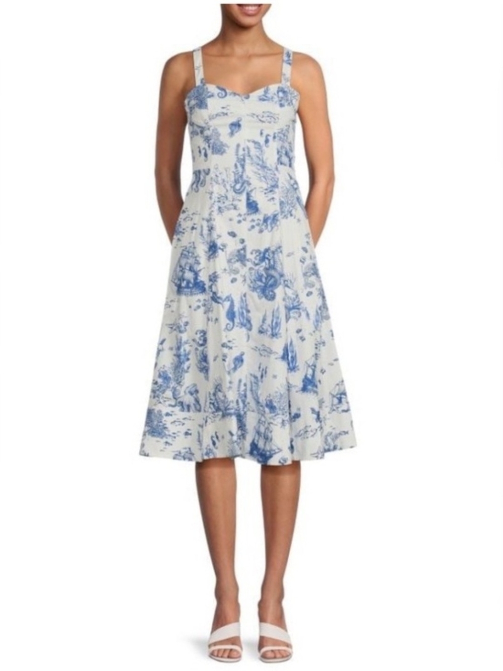 Avec Les Filles Blue and White Toile Midi Dress Size 8